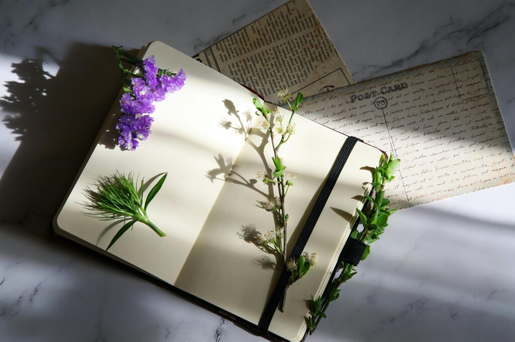 Open notebook with flowers and vintage postcards on a sunlit marble surface, perfect for creative journaling.
